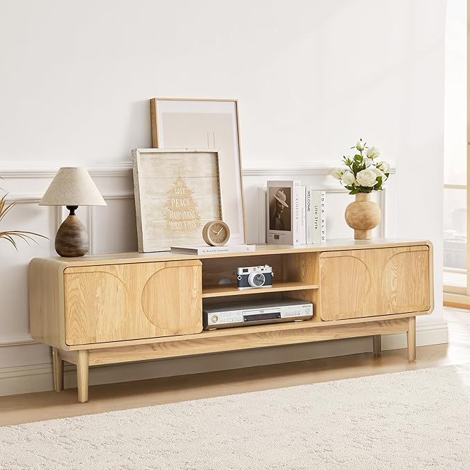 59" Farmhouse TV Stand for Television 55/60/65 Inch, Wooden TV Console with Adjustable Storage Shelf and Arch Sliding Door, Entertainment Center Media Cabinet for Living Room, Bedroom (Natural)