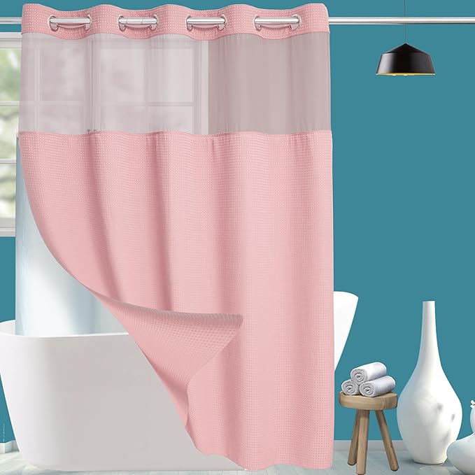 Extra Long No Hook Waffle Weave Shower Curtain with Snap in Liner Set, Hotel Luxury Pink Shower Curtains for Bathroom with See Through Top Window, Waterproof, Washable 71W x 84H