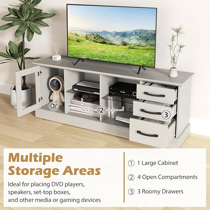 Giantex Farmhouse TV Stand for 73 Inch TV, Wood TV Console Table w/Removable Glass Shelves, Cable Management Holes & Drawers, Rustic Entertainment Center with Storage for Living Room, Bedroom, Grey