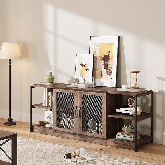 CABIHOME Farmhouse TV Stand for 65/75 inches TVs, Entertainment Center with Storage Cabinet and Mesh Doors, Industrial TV Media Console Cabinet Table, Media Furniture for Living Room, Vintage