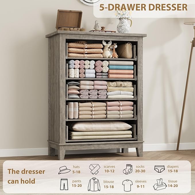 GarveeHome 5 Dresser for Bedroom, 41.3" Tall Vertical Drawer Dresser with Large Storage, Freestanding Wooden Closet Chest for Bedroom, Living Room, Grey