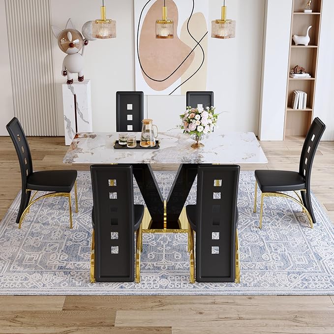 71'' Dining Table Set for 6,Modern Dining Room Table Set for 6,Marble Dining Table with 6 PU Leather Dining Chairs,Gold Dining Room Table with Glossy V-Shaped Base Ideal for Kitchen