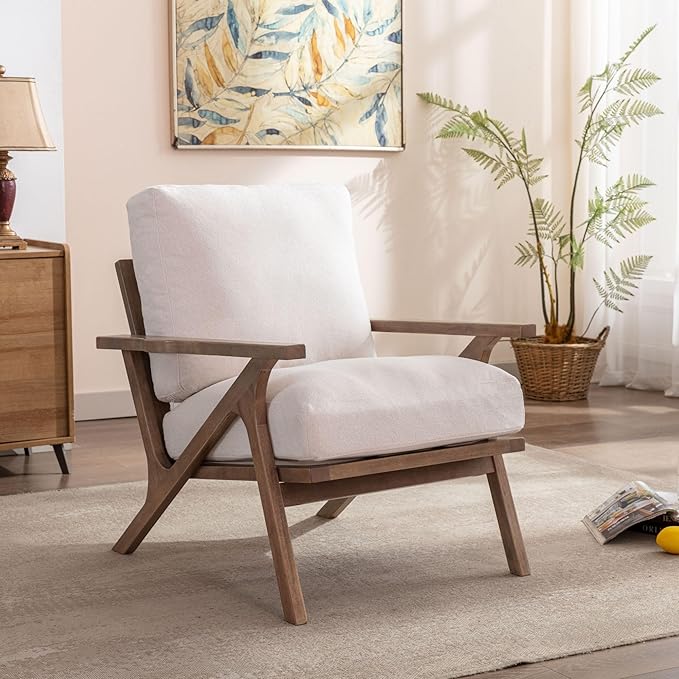 Wahson Mid Century Chair, Upholstered Accent Armchair, with Wood Frame and Removable Linen Cushions, Leisure Slipper Chair for Living Room/Bedroom, Cream