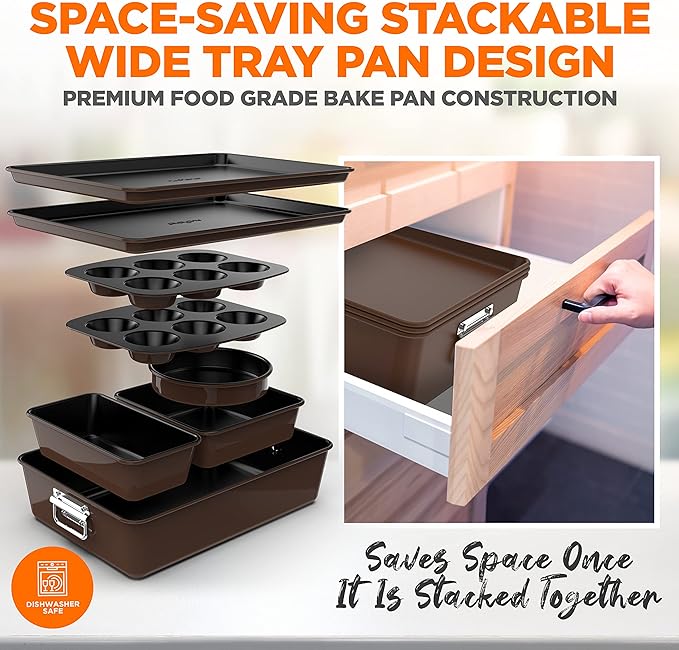 8-Piece Nonstick Stackable Bakeware Set - PFOA, PFOS, PTFE Free Baking Tray Set w/Non-Stick Coating, 450°F Oven Safe, Round Cake, Loaf, Muffin, Wide/Square Pans, Cookie Sheet (Brown)
