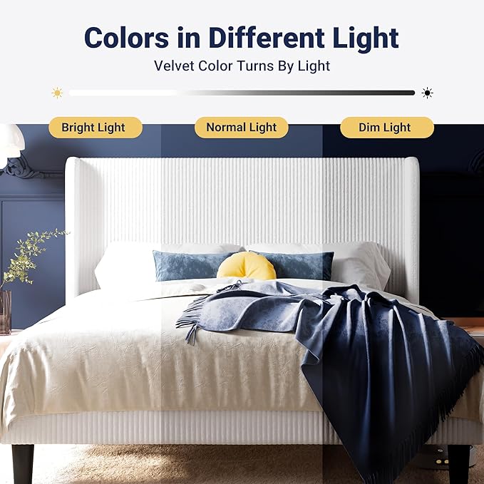 Allewie Full Size Bed Frame with Upholstered Wingback Headboard, Vertical Channel Tufted Corduroy Velvet Platform Bed, Strong Wooden Slats Support, No Box Spring Needed, Easy Assembly, Sturdy, White