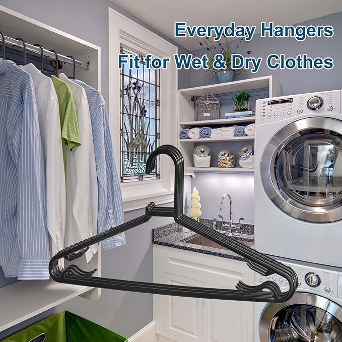 Black Plastic Hangers 50 Pack, Light Weight Durable Clothes Hangers G-Shape Standard Size Non-Slip Coat Hanger Adult Clothes Hangers for Laundry & Everyday Use -Slim & Space Saving