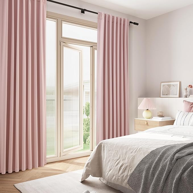 Guken 100% Blackout Linen Curtains 84 Inch 2 Panels Set for Girl's Bedroom, Living Room, Nursery, Back Tab Thermal Insulated Black Out Drapes Room Darkening, Pink