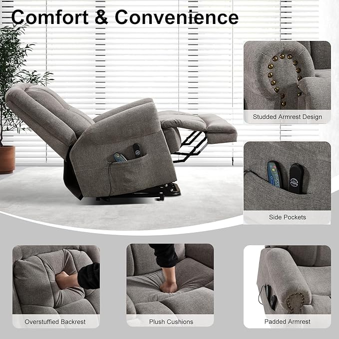 Oversize Power Lift Recliner with Massage and Heat for Adult, Reclining Chair for Living Room Bedroom, Ergonomic Electric Wider Chair with USB Port and Side Pocket (1, Gary)