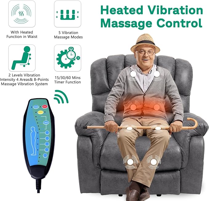 VIVIJASON Large Power Lift Electric Recliner Chair with Extended Footrest for Big Tall Elderly, Overstuffed Wide Lift Recliner with Heat & Massage, 2 Remote Controls, Side Pockets & USB Ports, Gray