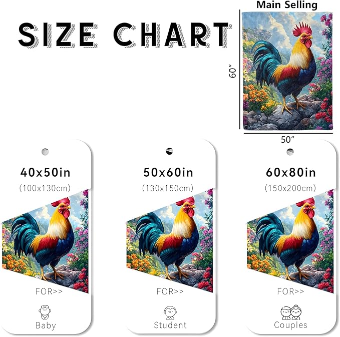 Majestic Rooster Blanket, Cozy Flannel Vibrant Rustic Chicken Throw Blanket for Couch Outdoor, Plush Soft Lightweight Travel Blankets for Bed Decor and Gifts, for Women Kids Adults 50"x60"