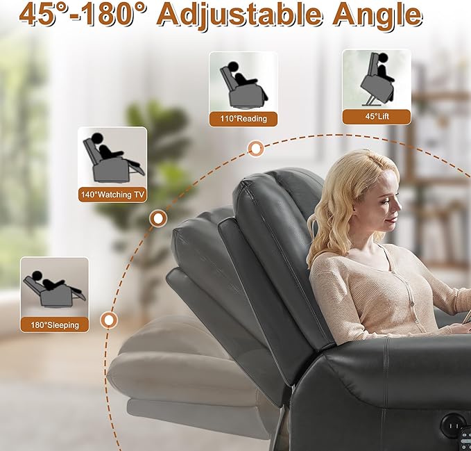 Power Lift Recliner Chair for Elderly, Dual Motor Massage Recliner with Lumbar Heat, Heavy Duty Motion Mechanism Lift Chair with Charge Ports, Faux Leather - Gray