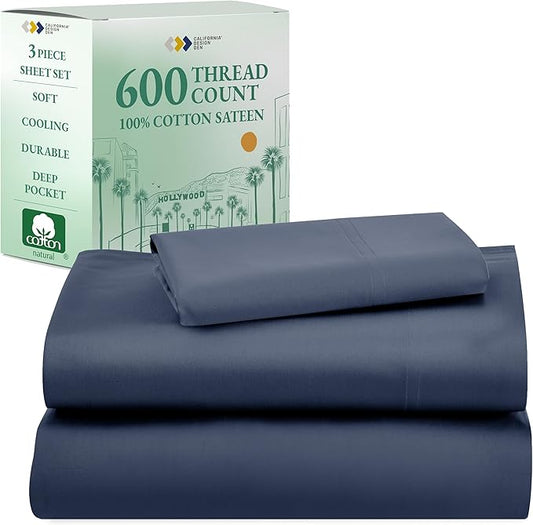 California Design Den Luxury Twin Sheet Set - 100% Cotton, 600 Thread Count Deep Pocket Twin Sheets, Soft Hotel-Quality Bedding with Sateen Weave - Royal Navy Blue
