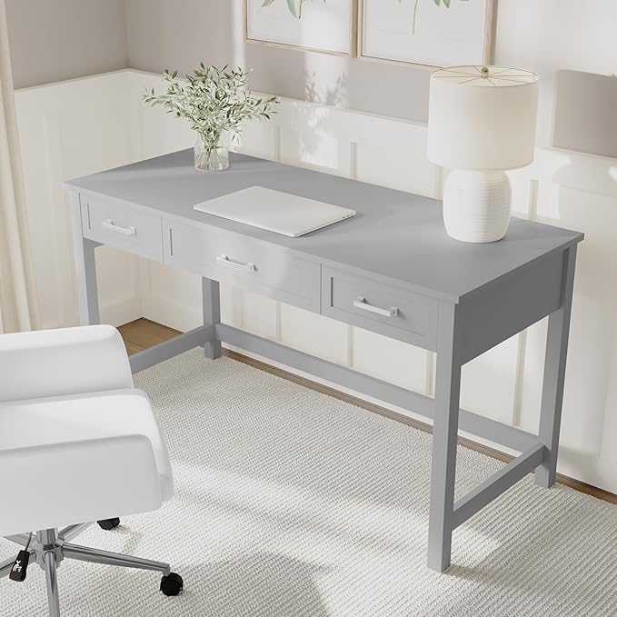 Martha Stewart Hutton Shaker Style Home Office Desk with 3 Drawers in Gray with Brushed Nickel Hardware