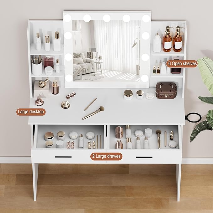 Vanity Desk with Mirror and Lights, 3-Color Lights Adjustable Brightness, White Vanity Makeup Desk with Drawer & Charging Station, Large Dressing Table Make Up for Bedroom