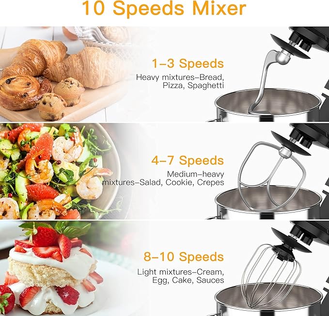 Stand Mixer, 7.5QT Kitchen Electric Food Mixer 10-Speed Tilt-Head Dough Mixer for Baking&Cake, with Stainless Steel Bowl, Whisk, Dough Hook, Beater, Splash Guard (660W) BLACK MC1