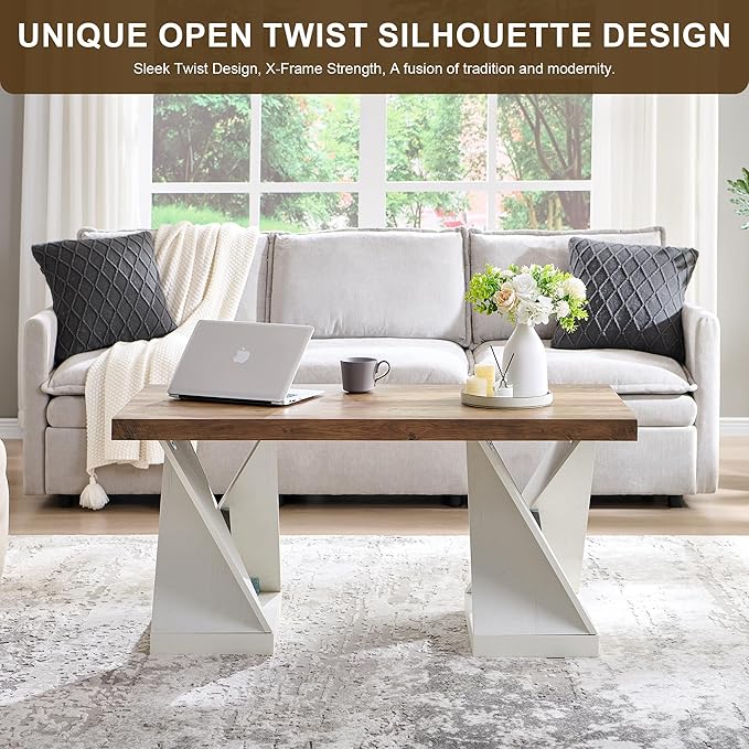 OKD Modern Coffee Table, 48" Twisted Center Table with Wood Thickened Pedestal, Rectangular Rustic Living Room Table, Farmhouse Storage Low Cocktail Tea Table, Antique White