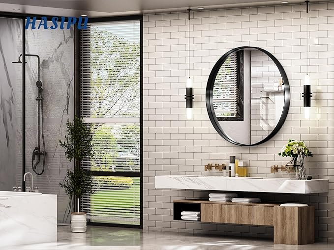 Hasipu Round Black Mirror 32 Inch Round Bathroom Mirror Metal Frame, Wall Mounted Circle Vanity Mirror Modern Decor (Horizontal/Vertical)