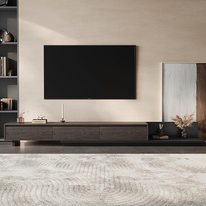 Mid-Century Modern Expandable TV Stand with 3 Drawers – Adjustable Entertainment Center for Living Room & Bedroom (79" to 130"), Stylish Black Walnut Media Console