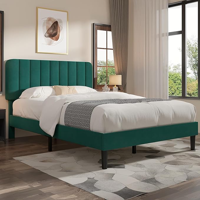 VECELO Full Size Bed Frame with Upholstered Headboard, Velvet Platform Bedframe Mattress Foundation, Strong Wood Slat Support, No Box Spring Needed,Green