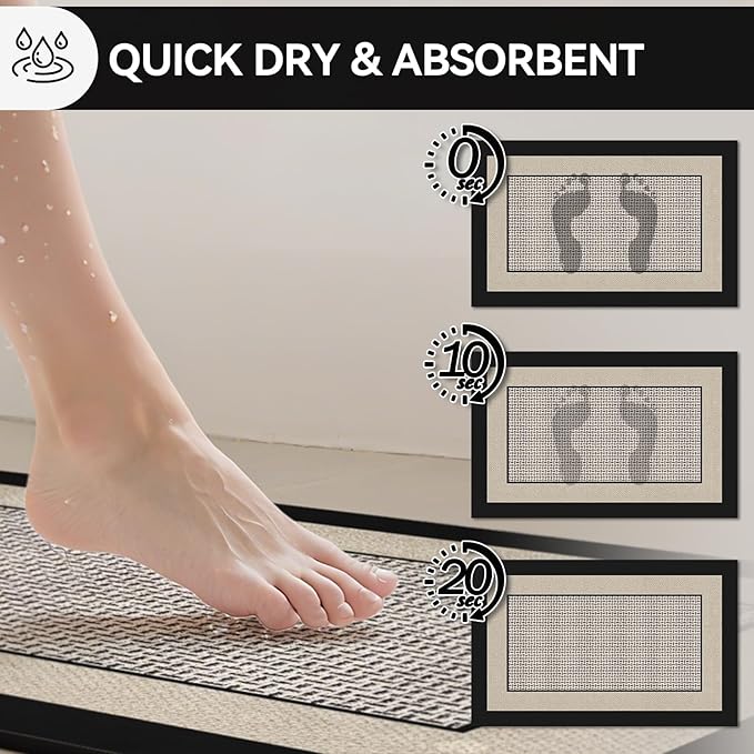 Non Slip Thin Bath Mat Bathroom Rugs, Rubber Backing Ultra Thin Bathroom Rug Fit Under Door, Quick Dry Super Absorbent Washable Shower Bath Mats, Beige 20x32