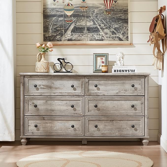 6 Drawers Dresser for Bedroom, Farmhouse 54" Wide Wood Dressers Chest of Drawers, Vintage Design TV Stand, Rustic Storage Dresser Organizer with Metal Handle Closet for Living Room, Hallway