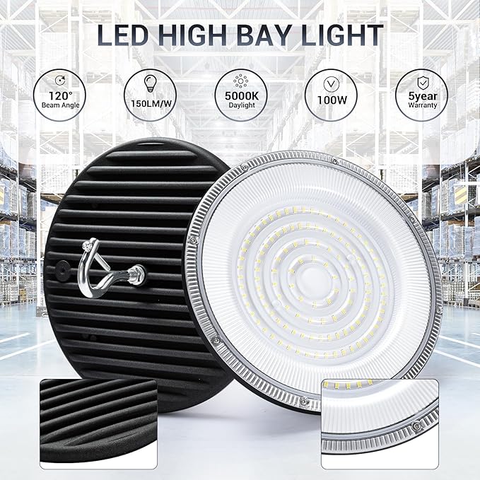 100W UFO Led High Bay Light(10 Pack),IP66 Waterproof,120VAC,15050LM 5000K Daylight Area Lighting,450W MH/HPS with Plug Commercial Bay Lighting for Warehouse/Shop/Workshop/Barn/Gym/Factory