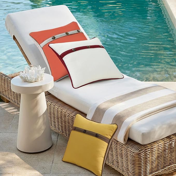 Outdoor Sunbrella Decorative Pillows with Triple Coconut Buttons Pack of 4, 16" x 16" Outdoor Pillow Set for Couch Bed Throw Patio Sofa, Spectrum Eggshell/Spectrum Ruby