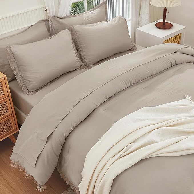Andency Wheat Queen Size Comforter Set with Sheets - 7 Pieces Boho Tassel Bed in a Bag Soft Lightweight Bedding Sets, Wheat Fringe Bed Set with Comforter, Sheets, Pillowcases & Shams