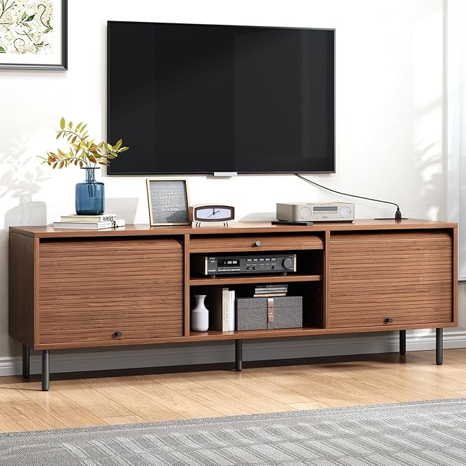 68 Inch TV Stand for TVs up to 75 Inch, Entertainment Center with Power Outlet, Mid-Century Modern TV Console with Storage, Adjustable Shelf & Sliding Doors, TV Stand for Living Room, Walnut