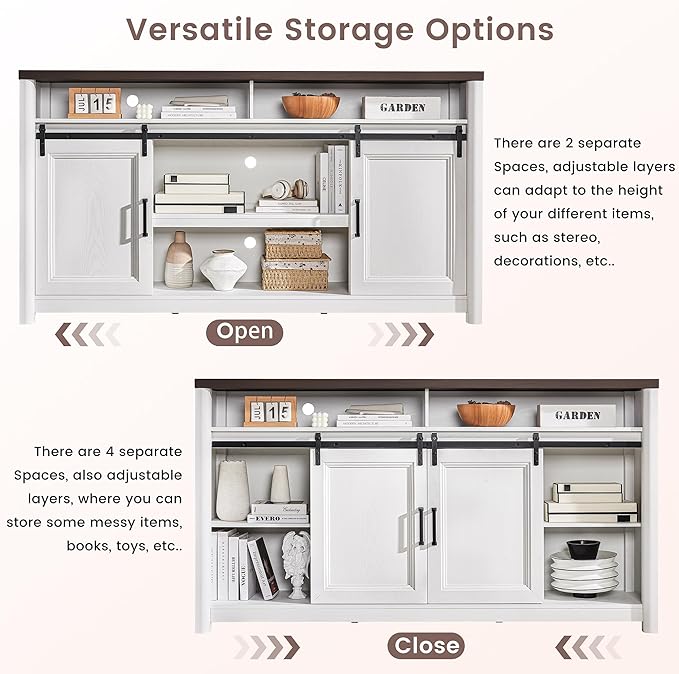 Rustic Farmhouse TV Stand for 80 Inch TVs, Large Entertainment Center with Storage, TV Console for Bedroom Living Room, Media Console Cabinet with Sliding Barn Doors, 70 Inch Wide, White & Walnut