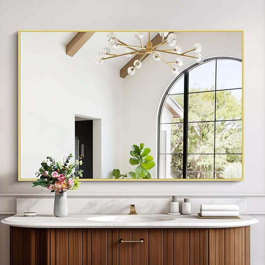 Gold Bathroom Mirror for Wall, 30x48 Inch Rectangle Mirrors with Metal Frame, Modern Vanity Wall Mirror Decor for Bathroom Living Room, Entryway Hangs Horizontal or Vertical