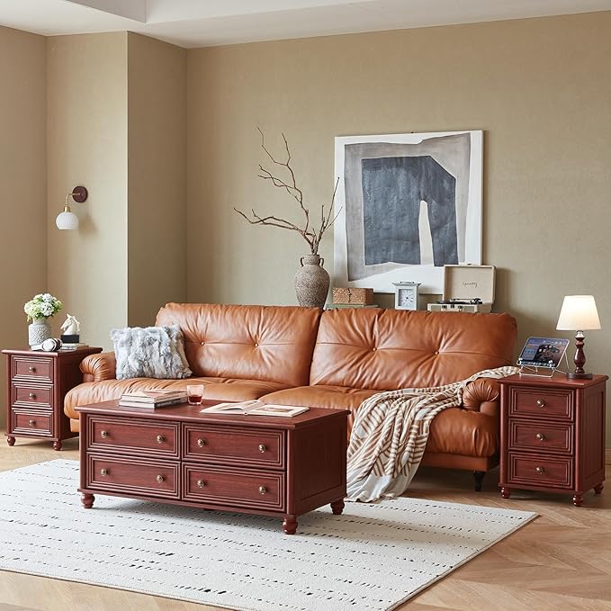 18" Farmhouse Night Stand, Red Oak Wood Nightstand with 3 Drawers, Bedside End Table with Storage and Roman Column, Bed Side Tables Cabinet for Bedroom, Living Room, and Closet