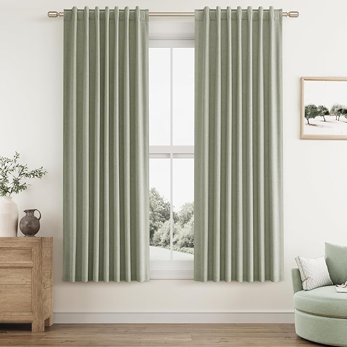 Sage Green Linen Blackout Curtains 63 Inch Length 2 Panels Set for Living Room Bedroom Back Tab Thermal Insulated 100% Black Out Linen Drapes Room Darkening Window Curtains 63 Inches Long