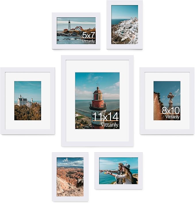 Vittanly Picture Frames set of 7, Picture Frames Collage Wall Decor for Wall or Tabletop Display, Multi Sizes with 1Pcs 11x14, 2Pcs 8x10 and 4Pcs 5x7 Photo Frames, Gallery Wall Frame Set in White