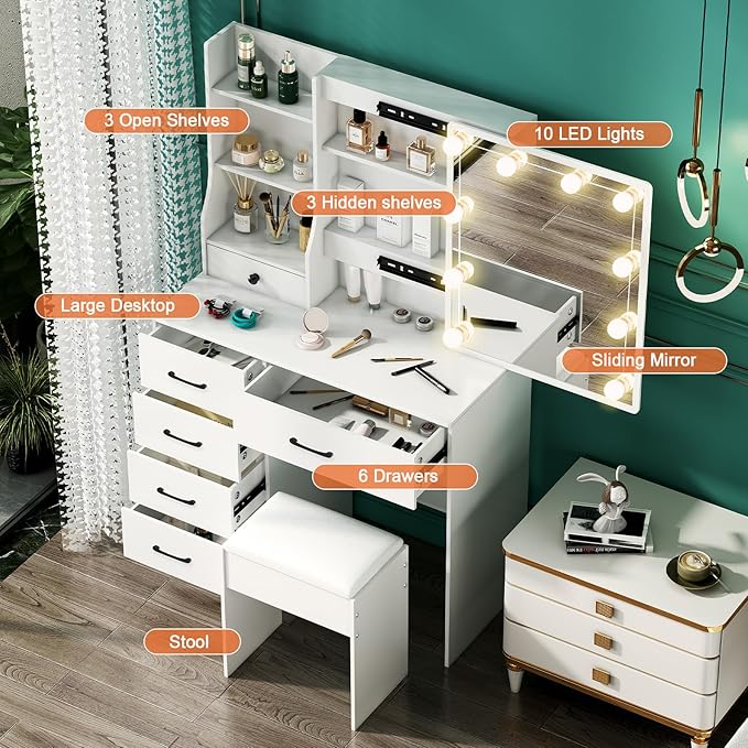 Makeup Vanity with Sliding Mirror and Lights, Modern Vanity Table with Stool and 6 Drawers, White Vanity Desk with Lights for Bedroom, Dressing Table Set for Petite Women and Girls, White