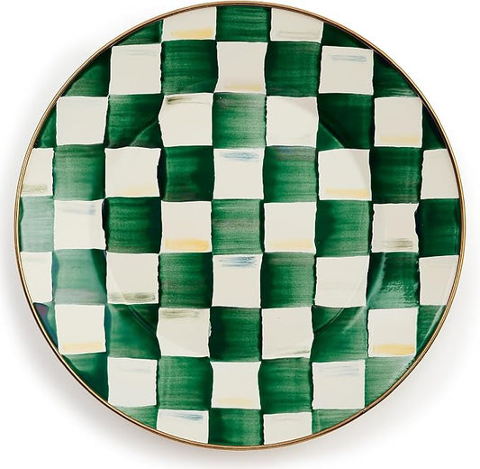 MACKENZIE-CHILDS Enamel Dinner Plate, Decorative Dinnerware Plate, 10 Inches, Green-and-White Emerald Check