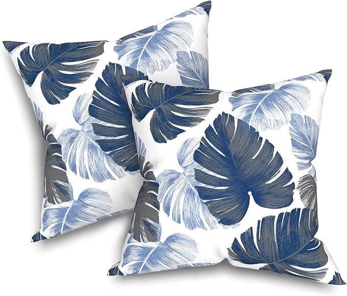 Pack of 2 Patio Throw Pillow Covers ONLY, Water Repellent Cushion Cases 20x20 Inch, Square Pillowcases for Outdoor Couch Decoration, Monstera Blue