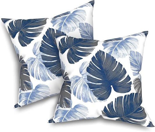 Pack of 2 Patio Throw Pillow Covers ONLY, Water Repellent Cushion Cases 20x20 Inch, Square Pillowcases for Outdoor Couch Decoration, Monstera Blue