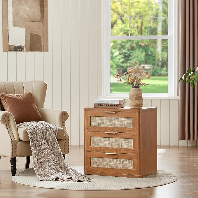 LEYAOYAO Rattan Night Stand with Drawers, 23" Large 3 Drawer Boho Nightstand, Natural Wood Bedside Table Storage Cabinet, Bed Side End Tables Dresser for Bedroom, Living Room, Hallway, Closet