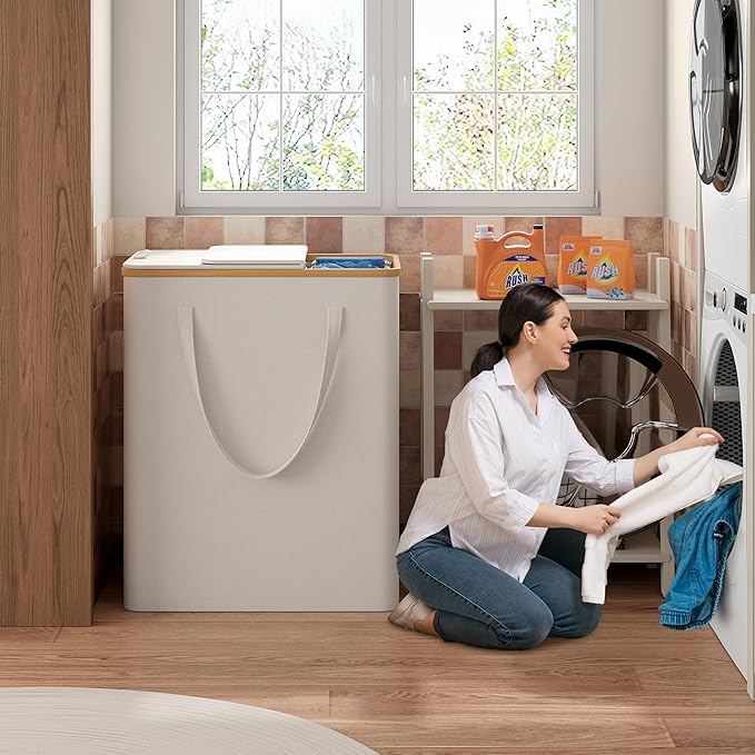 170L Laundry Hamper with Lid 3 Section, Extra Large Laundry Basket with 3 Removable Bags, Laundry Basket Organizer for Bedroom, Laundry Room, Dorm, Clothes Hamper, Beige