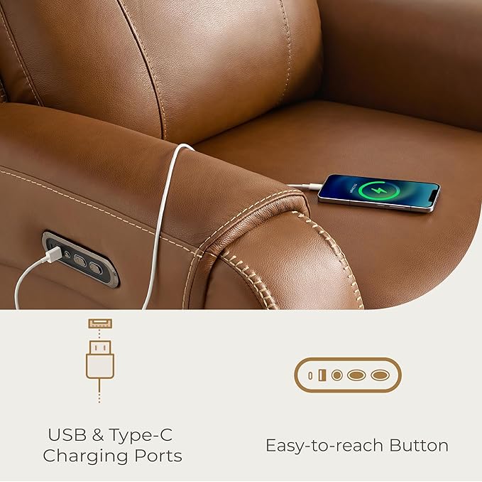 CHITA Genuine Leather Power Recliner Chair for Adults, Electric Wall Hugger Recliner with Adjustable Power Headrest & USB/Type-C Ports, Compact for Small Spaces & Living Rooms, Saddle Brown