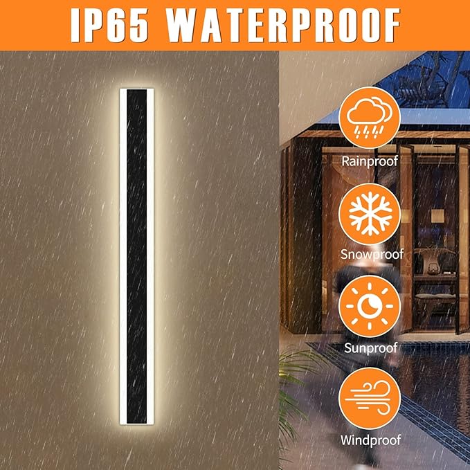 Modern 23.6inch Outdoor Wall Light, 3000k/4500k/6000k 3 Color Change Black Exterior Light Fixtures Wall Mount, Ip65 Waterproof Modern Porch Lights Non-Dimmable, Long Linear Outside Lighting Hard-Wired