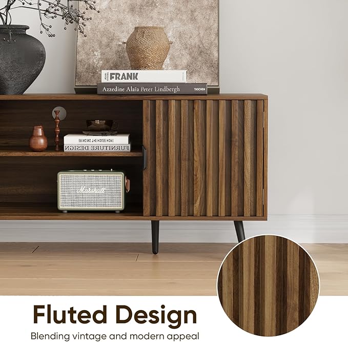 Walnut Fluted TV Stand for 55 Inch TV, Entertainment Center with Adjustable Shelf, 2 Cabinets, Mid Century Modern Media Console, Metal Feet, Cord Holes, for Living Room, Bedroom