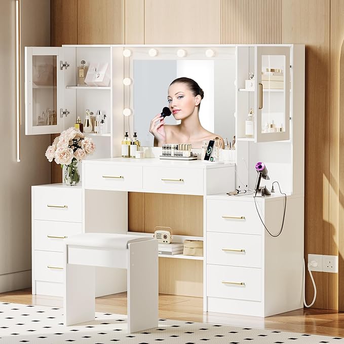 58.2” Vanity Desk with Mirror and Lights & Charging Station, Bedroom Dressing Table, Large Vanity Set with Cushioned Stool, 8 Drawers and 2 Cabinets, Makeup Vanity Table with Charging Station