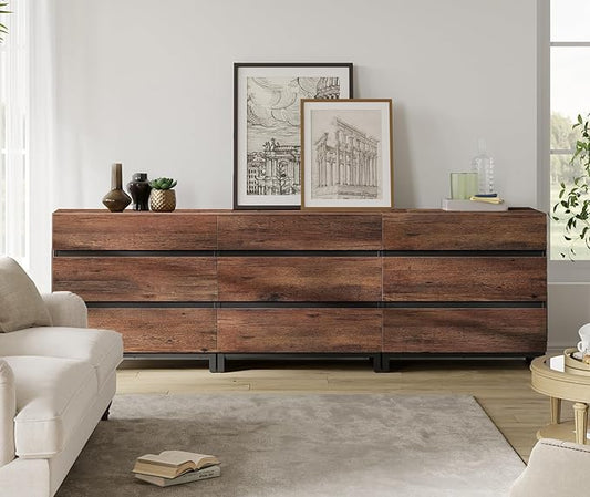 WAMPAT Dresser for Bedroom, Closet Organizers and Storage with 9 Drawers, Chest of Drawers with Metal Base, Wooden Modern Dresser for Living Room, Hallway, Entryway, Brown