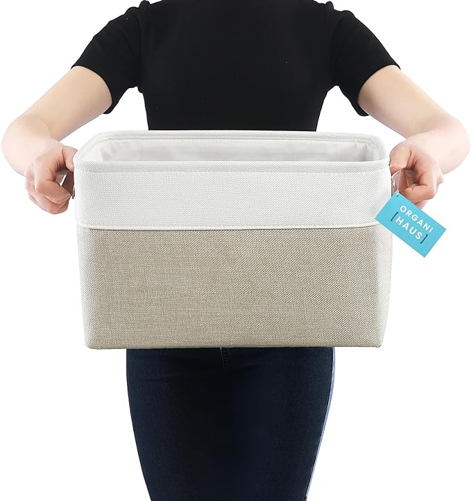 OrganiHaus Large Fabric Storage Baskets for Shelves 3 Pack, 15x11in Closet Storage Bins for Shelves, Cloth Baskets for Organizing, Linen Closet Organizers, Fabric Basket, Beige/White