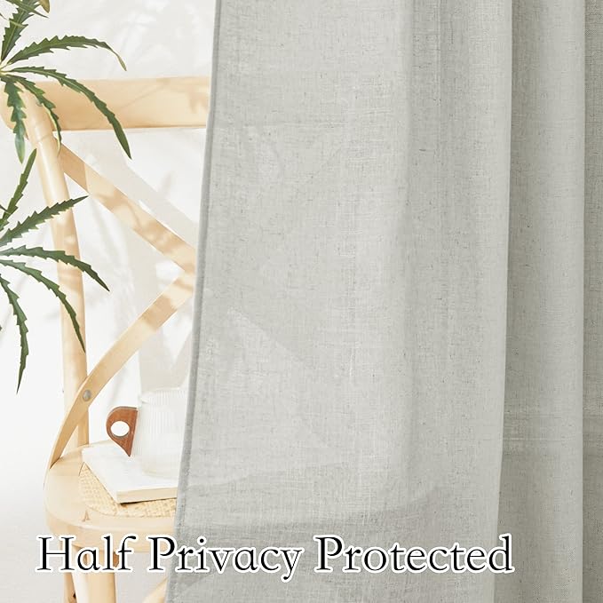 RYB HOME Privacy Sheer Curtains - Dual Rod Pocket Semi Sheer Drapes for Living Room, Linen Semi-Translucent Curtains for Bedroom, Grey, 52 Wide x 63 inches Long, 1 Pair