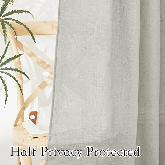 RYB HOME Half Window Curtains - Linen Texture Sheer Tiers Simitransparent Sheer Curtains for Bedroom Kitchen Sunlight Filter Diffuse Glare, Grey, 52 inch Wide x 36 inches Long, 2 Pieces