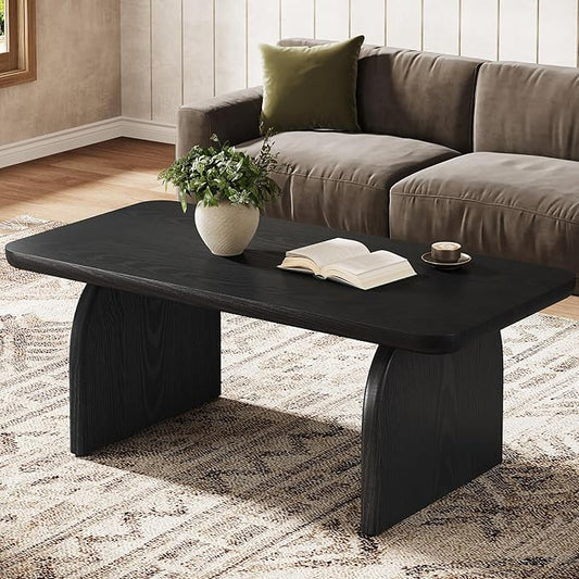 Tribesigns Farmhouse Coffee Table for Living Room, 47-Inch Mid-Century Rectangular Center Table with Rounded Corners, Modern Low Large Cocktail Tea Furniture, Easy Assembly (Black)