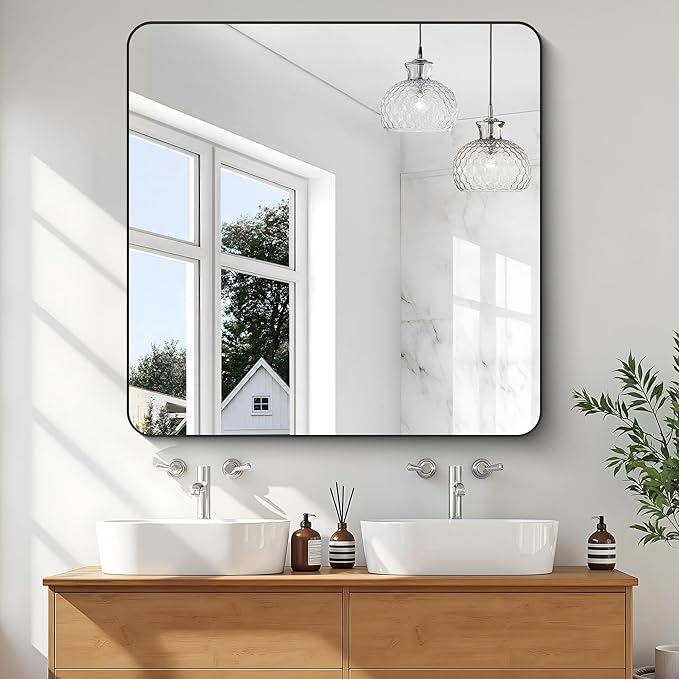 KOCUUY 42"x42" Large Square Vanity Mirror, Black Metal Frame Mirror with Rounded Corner, Modern Design of Upgraded Shatterproof Glass for Bathroom, Bedroom, Living Room, Entryway